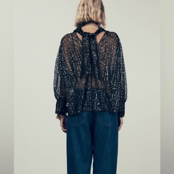 New Zara $69 Tied Collar Gold Sequin Semi Sheer Blouse 9127/572 Small - Picture 2 of 14